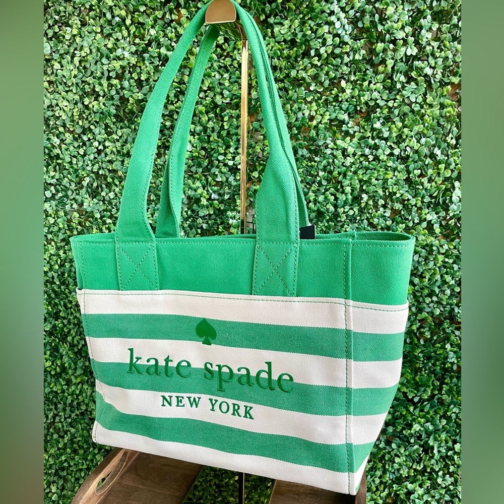 Kate Spade Jett Large Tote | Green Beach Time Stripe | Embroidered Logo | NWT - Picture 7 of 16
